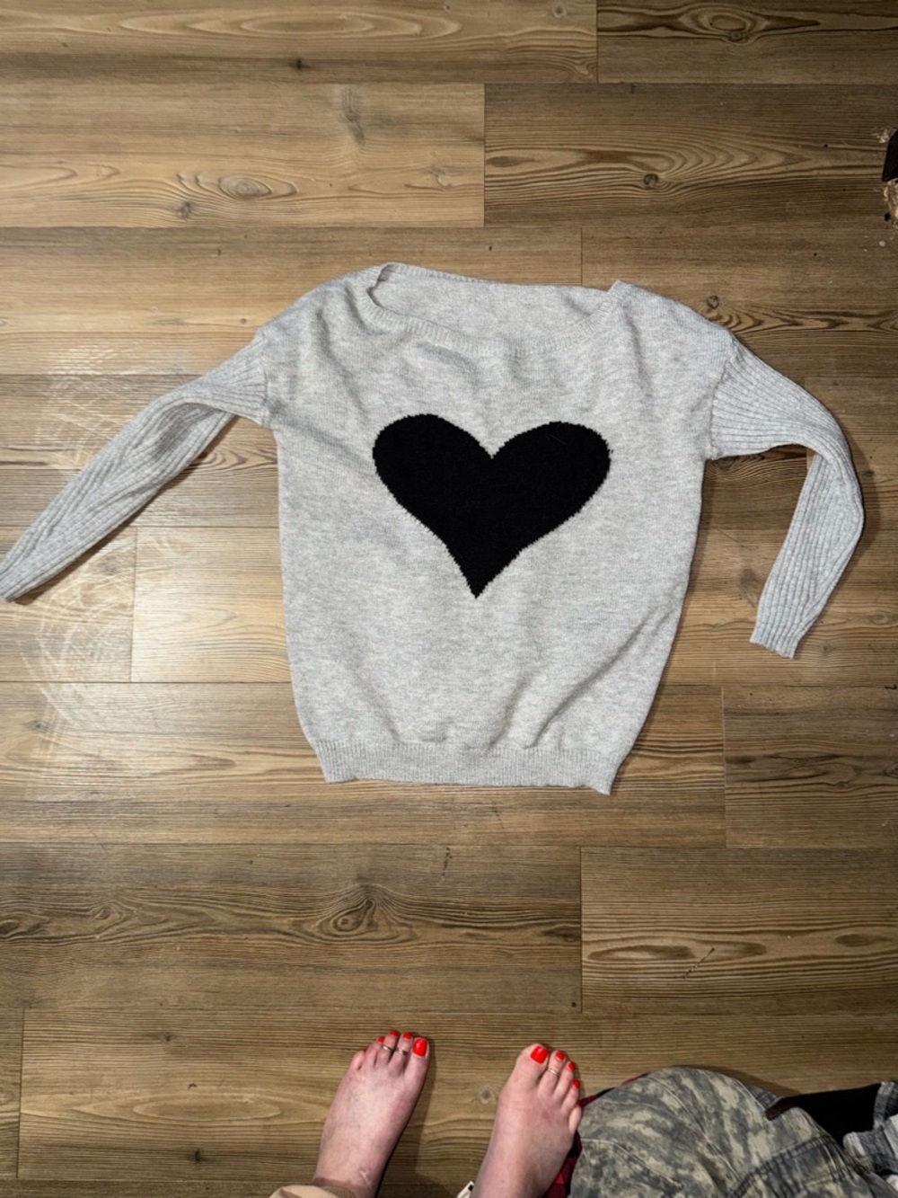 Cozy Light Gray Sweater with Black Heart